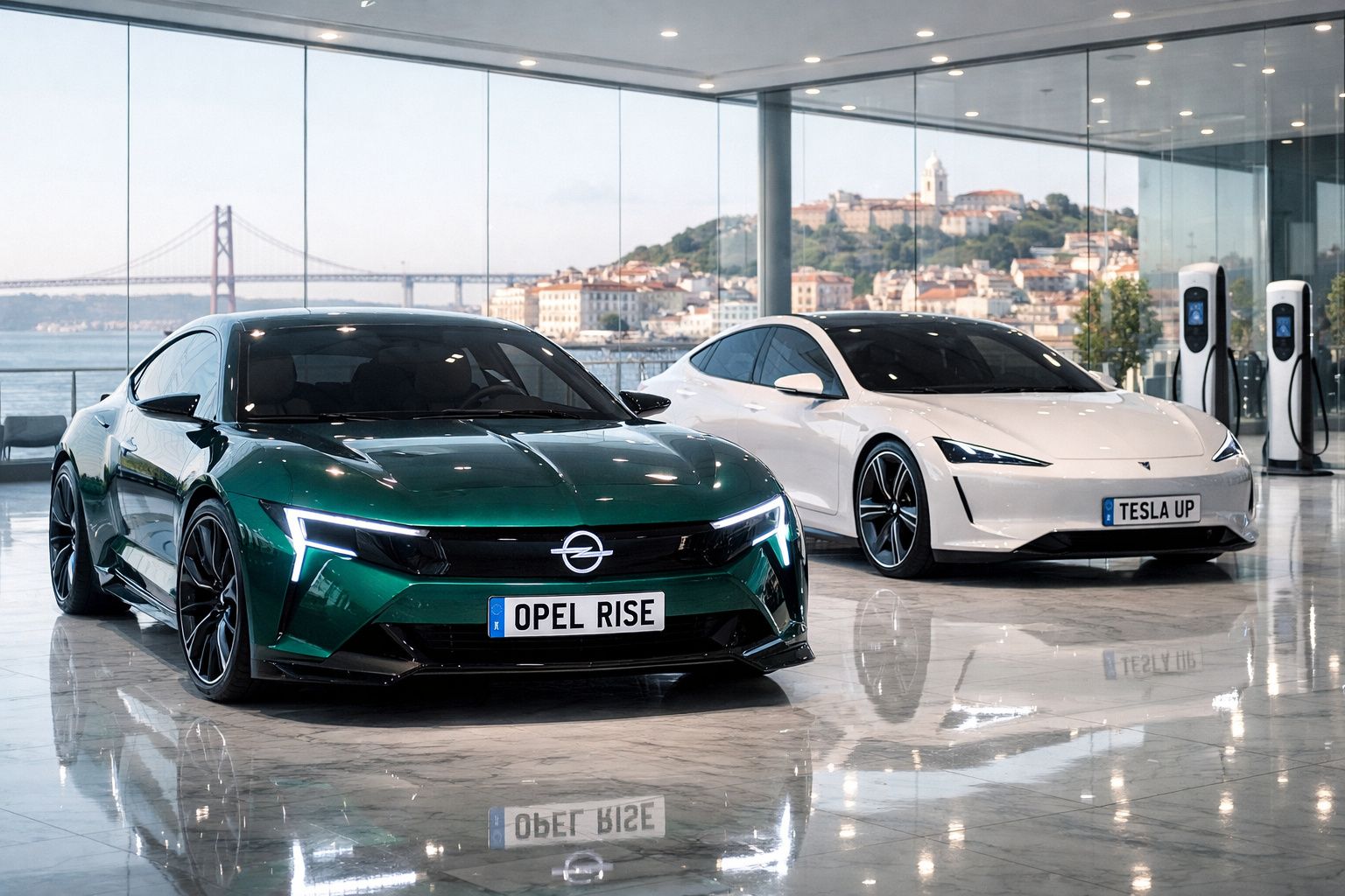 Dois carros elétricos modernos, Opel verde e Tesla branco, expostos numa sala com vista para uma ponte e cidade ao fundo.
