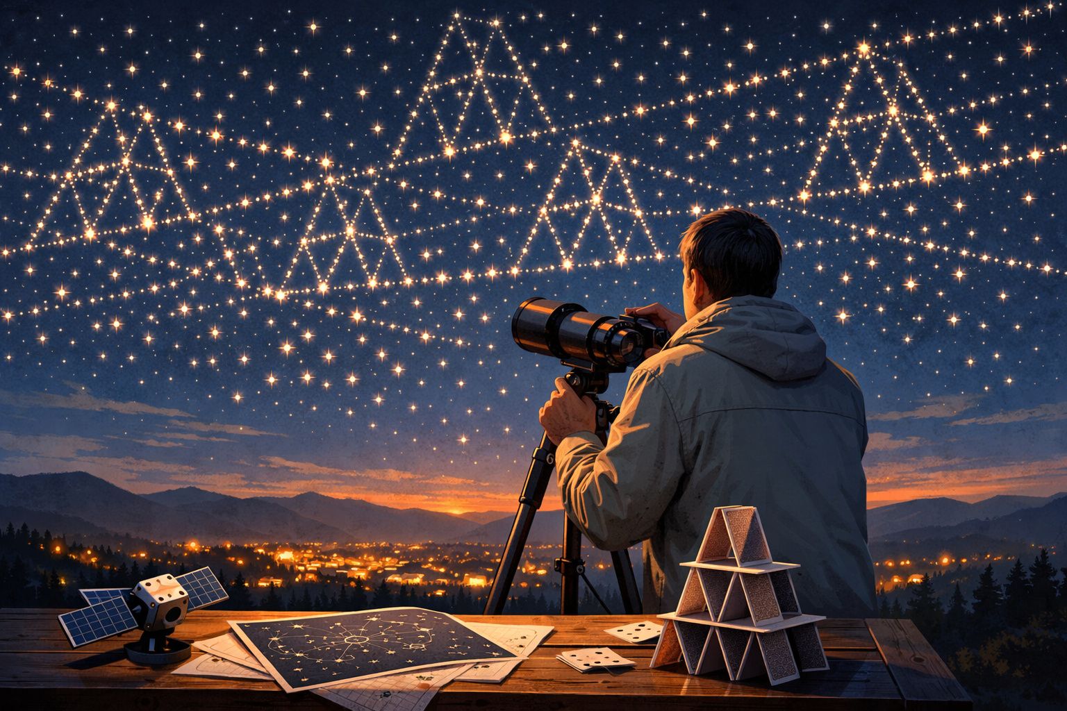 Pessoa observa estrelas com telescópio, com cartas e satélite sobre mesa ao pôr do sol numa paisagem montanhosa.