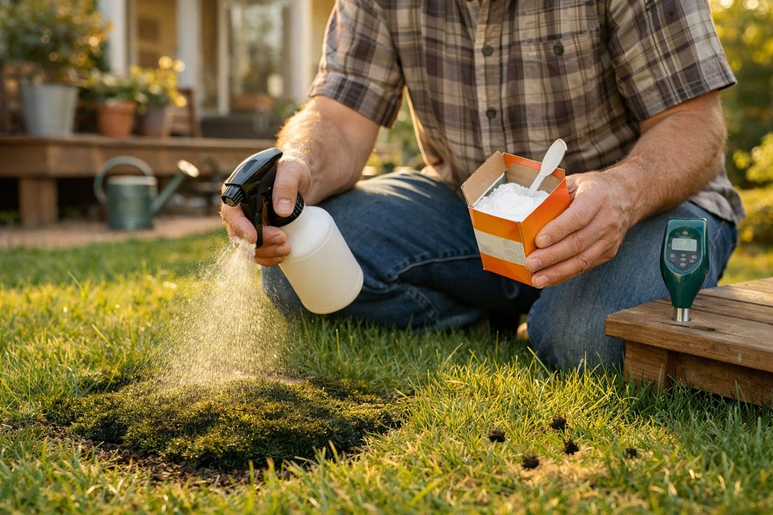 Pessoa a pulverizar líquido numa mancha de erva daninha no jardim, segurando caixa de pó branco e espátula.