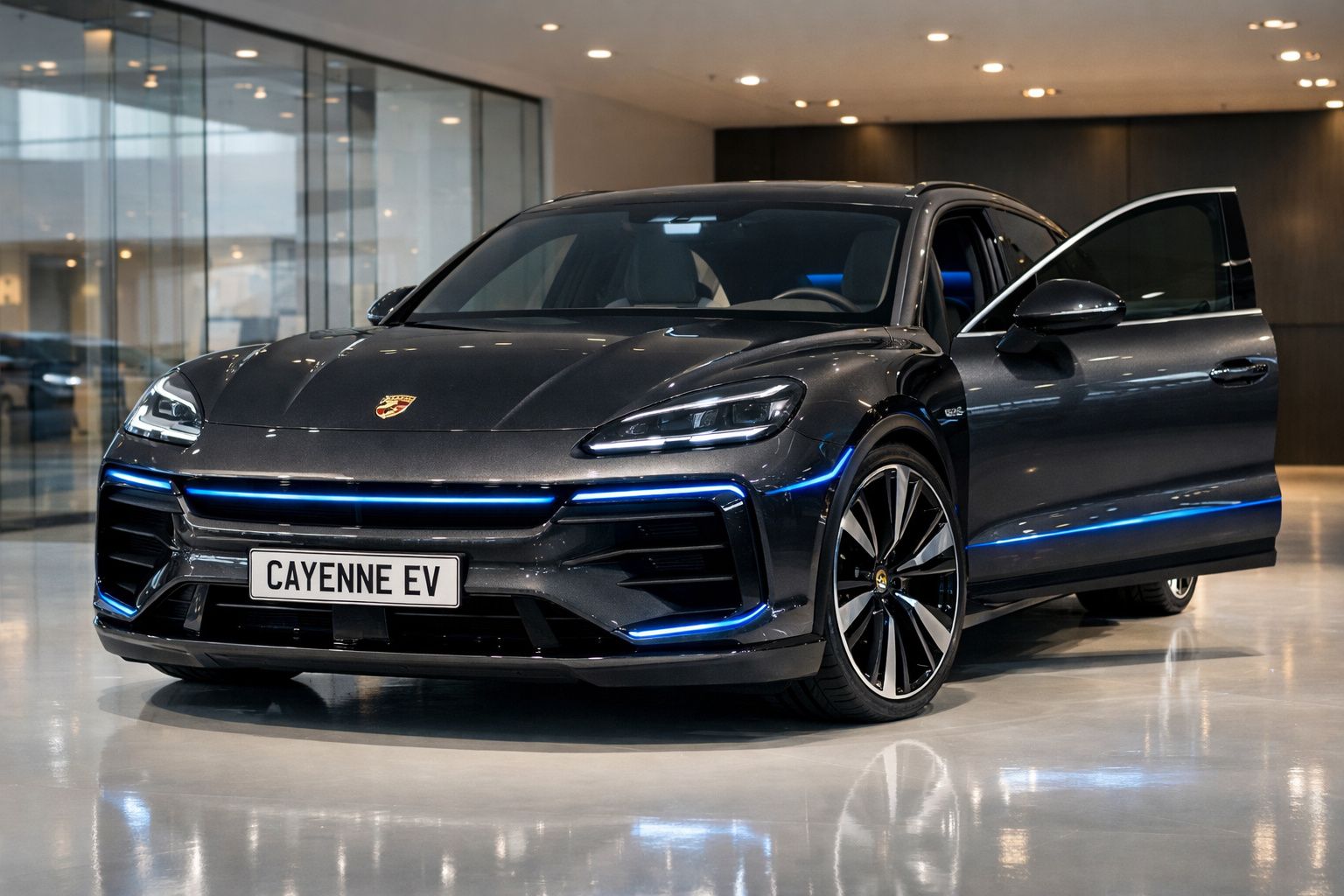 Carro elétrico Porsche Cayenne EV preto com portas abertas em ambiente interior moderno.