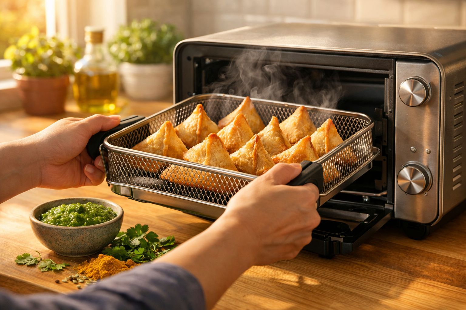 Pessoa a retirar samosas quentes de forno eléctrico num tabuleiro com molho verde numa taça ao lado.