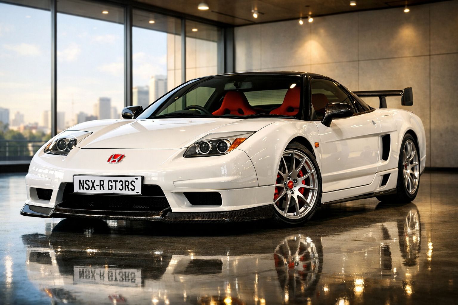 Carro desportivo branco Honda NSX-R GT3RS estacionado em interior moderno com luz natural.