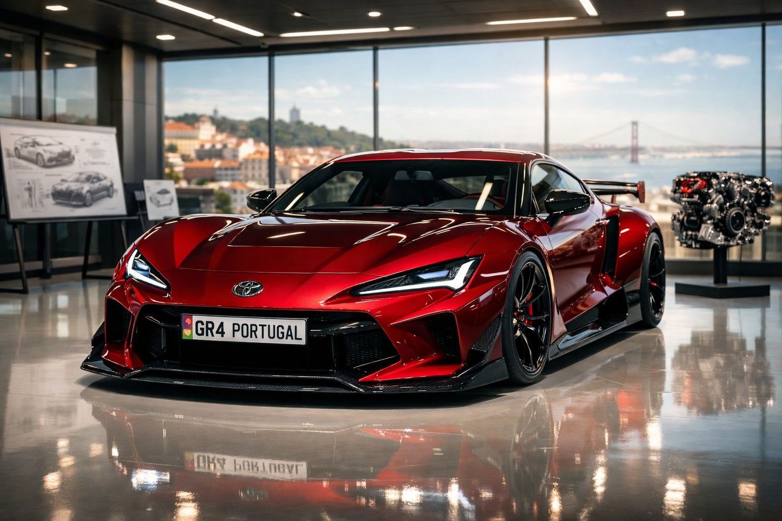 Carro desportivo vermelho Toyota GR4 exposto em salão com vista para a ponte e cidade ao fundo.