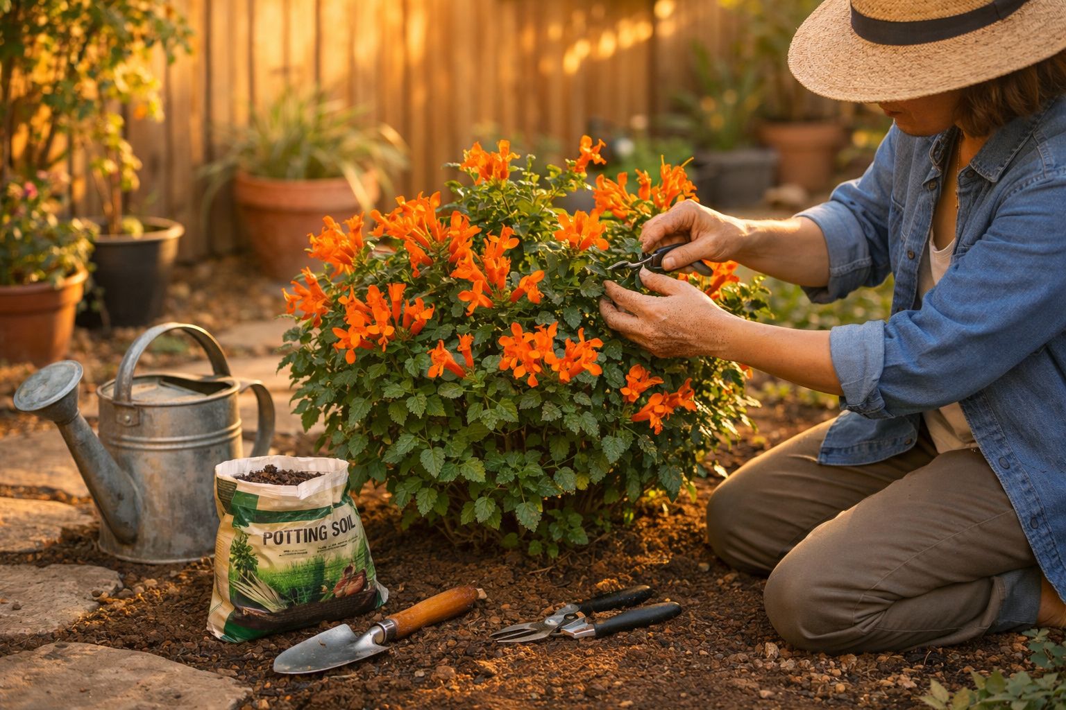 Pessoa a cuidar de plantas com flores laranjas num jardim, rodeada por ferramentas de jardinagem.