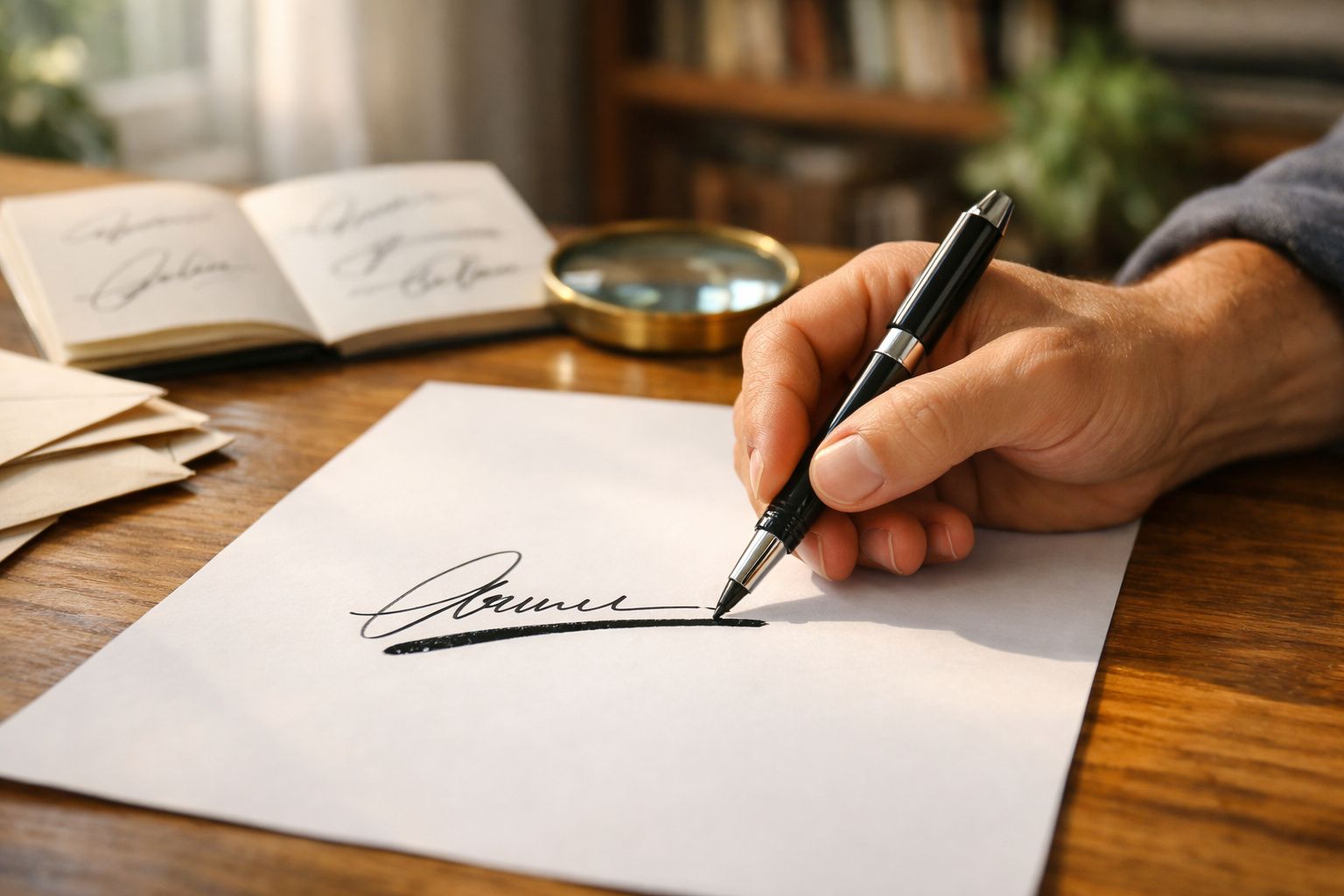 Mão a assinar documento com caneta preta num papel sobre mesa de madeira, com lupa e cartas ao fundo.