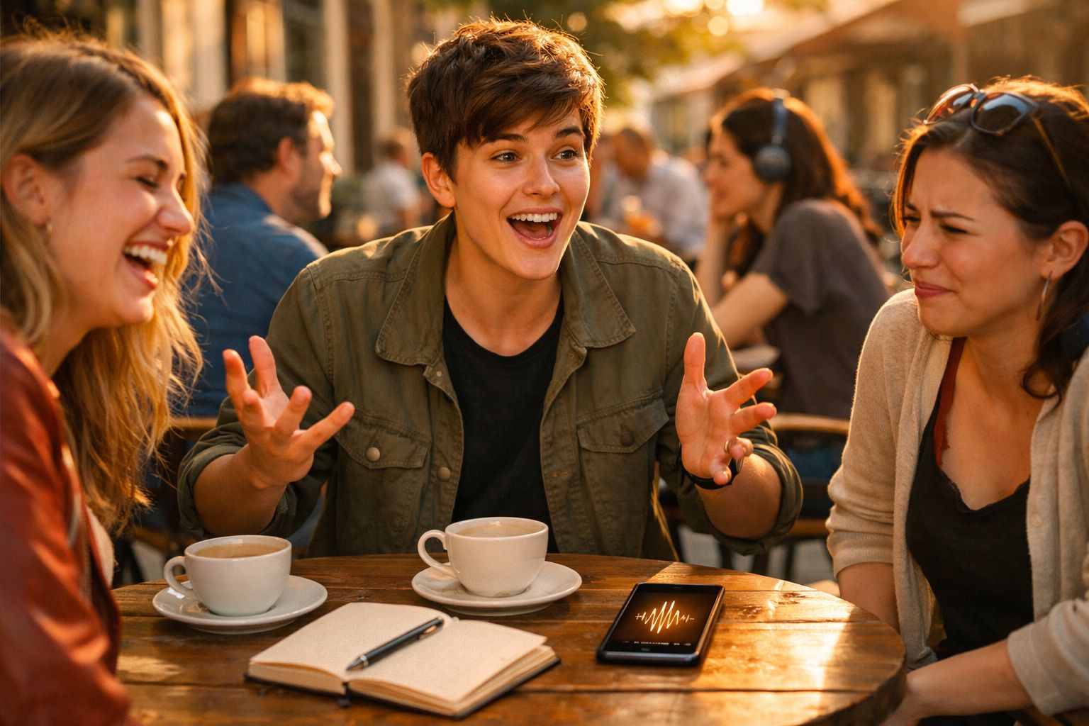 Três jovens sentados numa esplanada, a conversar animadamente com chávenas de café à frente.