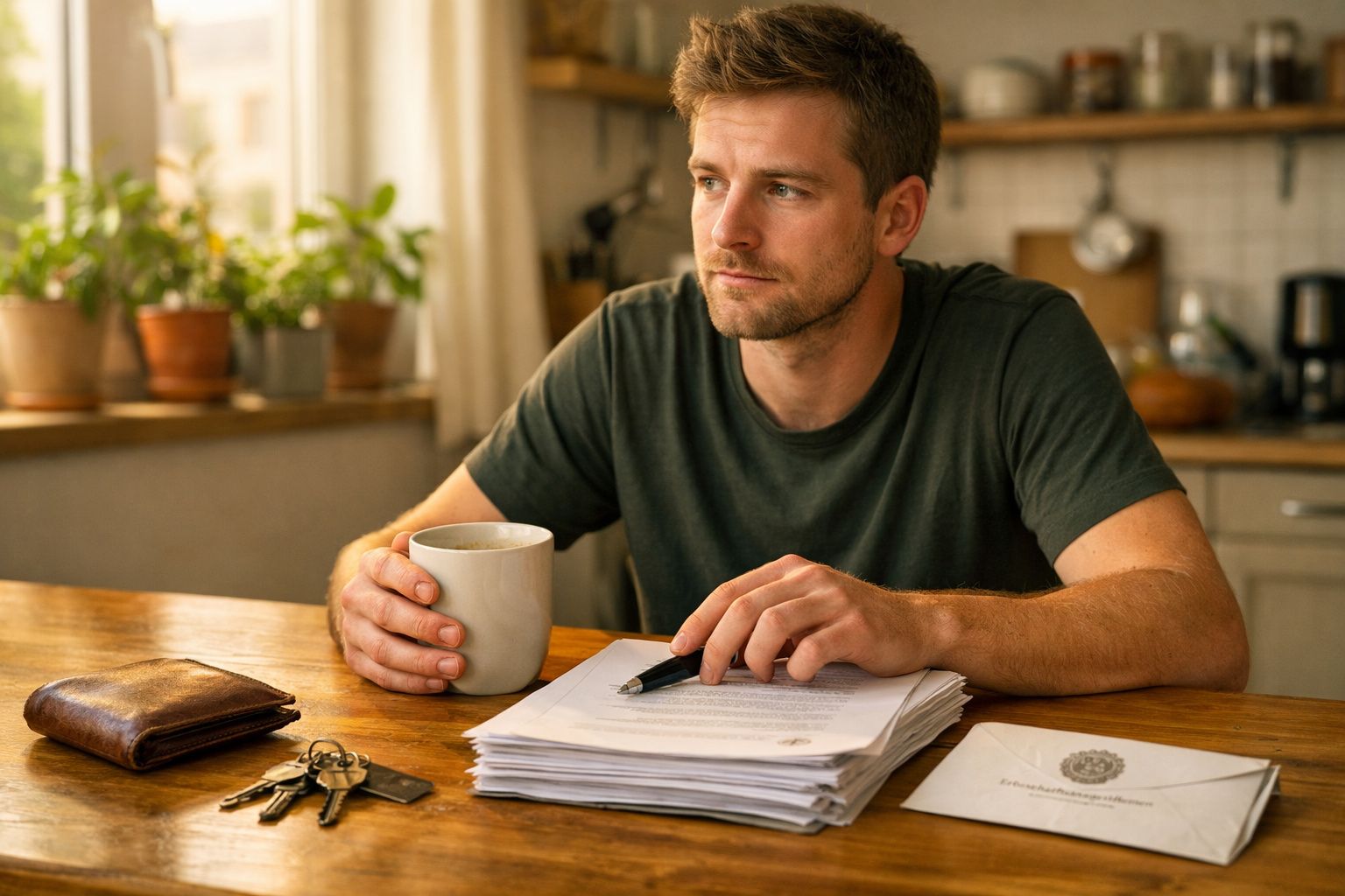 Homem sentado à mesa com café, documentos, carteira e chaves, pensativo numa cozinha iluminada.