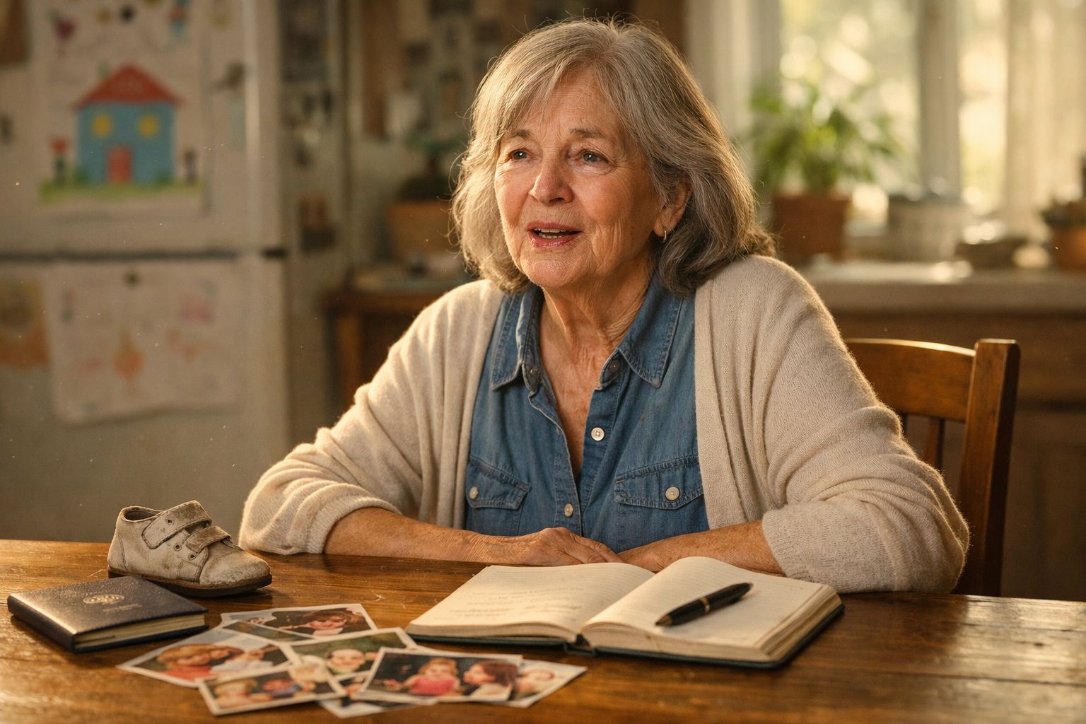 Idosa sentada à mesa com caderno aberto, caneta, fotografias e um sapatinho de bebé em ambiente acolhedor.