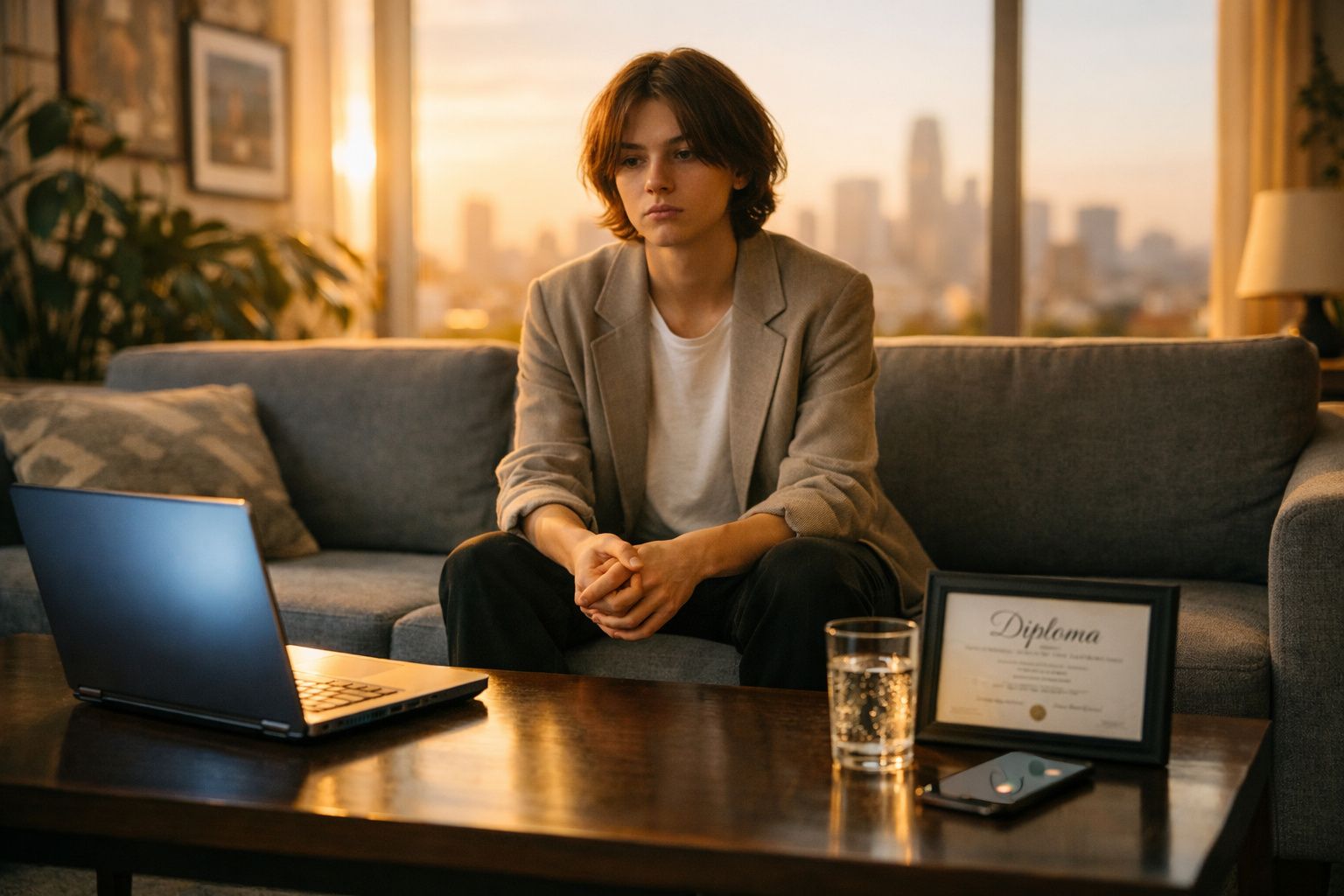 Pessoa jovem sentada no sofá a olhar para um computador portátil com expressão pensativa ao entardecer.