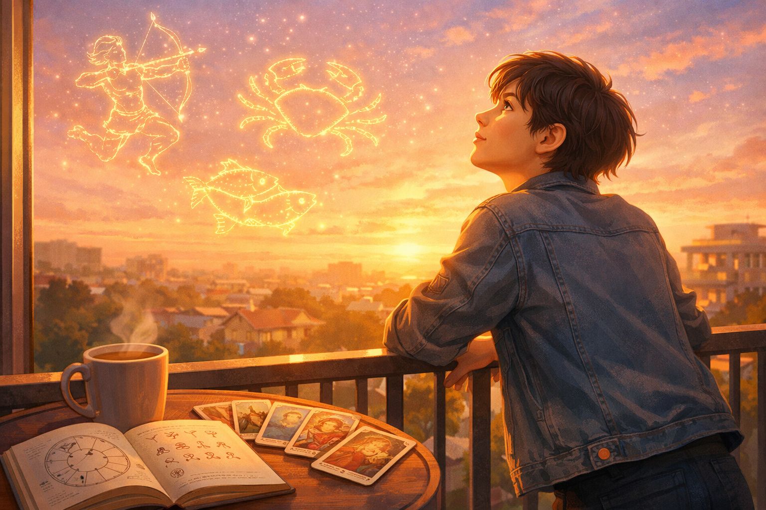 Pessoa jovem observa constelações de zodíaco ao pôr do sol, com tarot e café numa mesa à varanda.