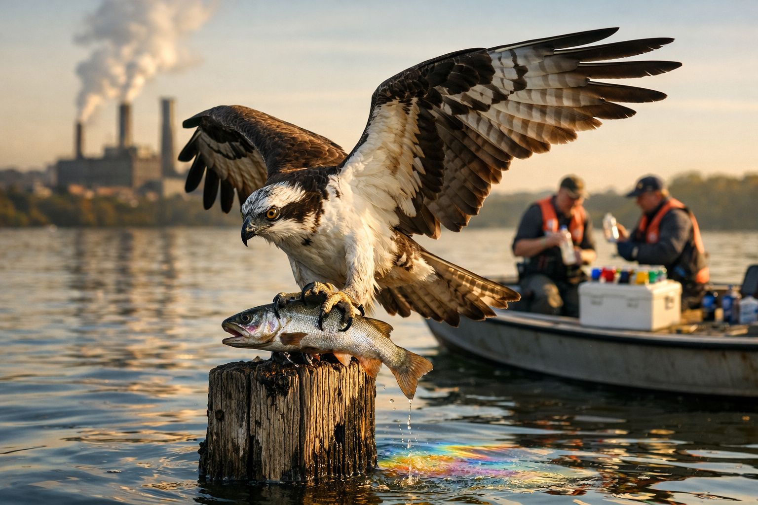 Águia-pesqueira pousada num tronco com peixe na garra, água e pescadores em barco ao fundo.