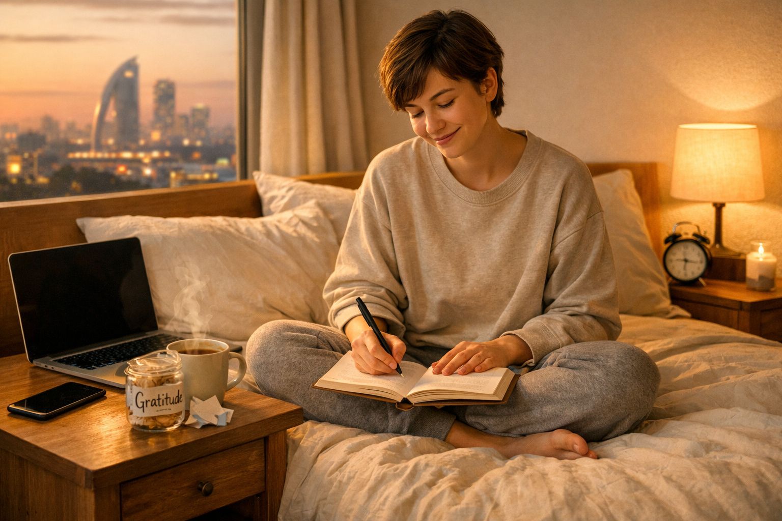 Mulher sentada na cama a escrever num diário ao entardecer, com chá, computador e jarro de gratidão na mesa.
