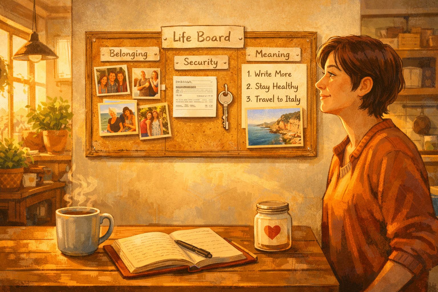 Mulher sorridente sentada à mesa com painel de objetivos de vida e lembranças ao fundo, luz quente do pôr do sol.