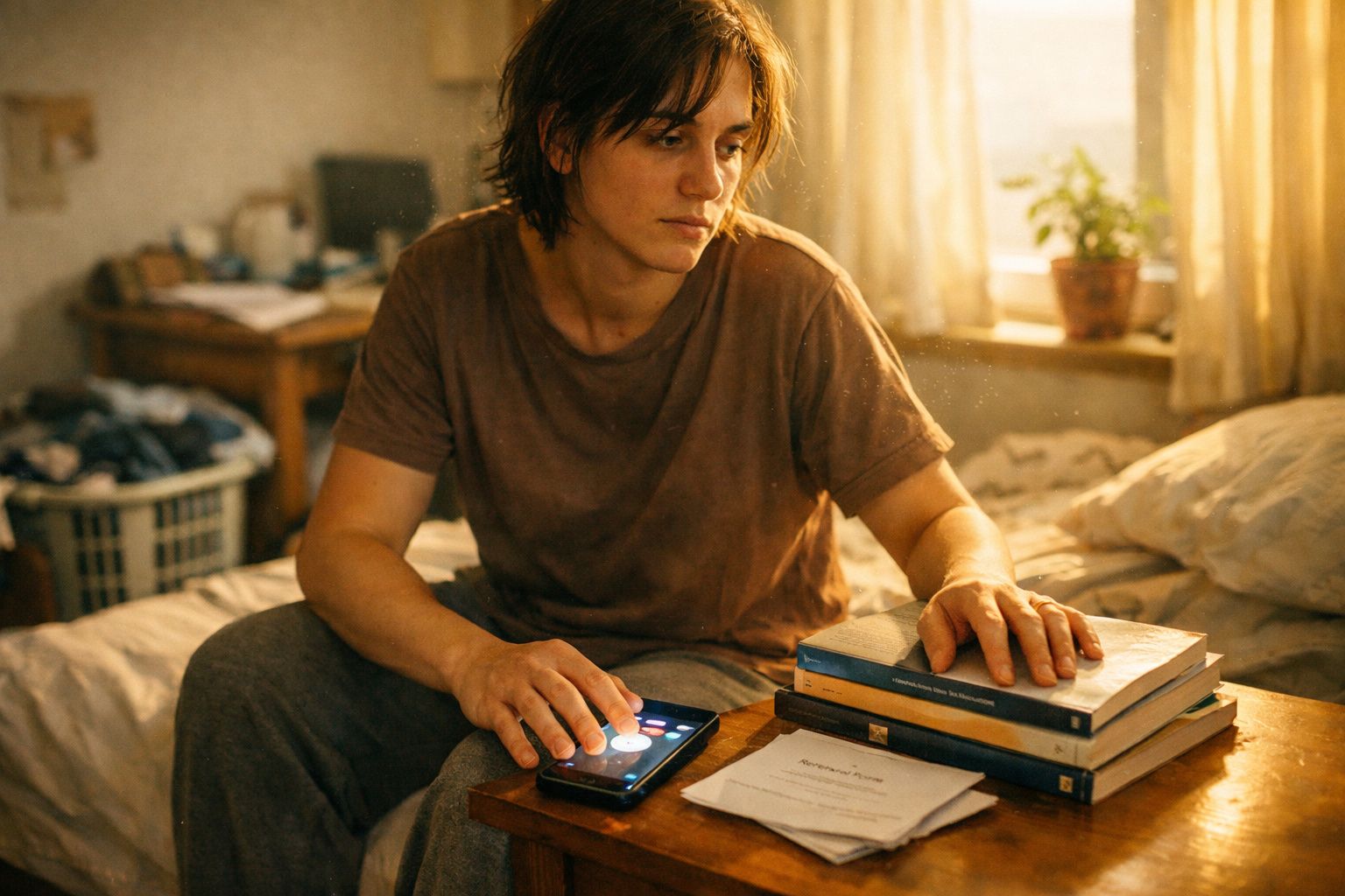 Jovem sentado numa cama em quarto iluminado, com livros e telefone numa mesa à sua frente.