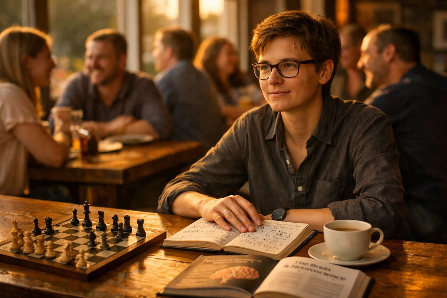 Pessoa com óculos sentada a ler um livro com um tabuleiro de xadrez e uma chávena de café numa mesa de madeira.