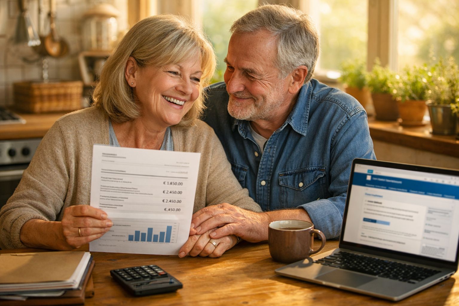Casal sénior feliz a analisar documentos financeiros com gráfico de barras, sentado à mesa com laptop e calculadora.