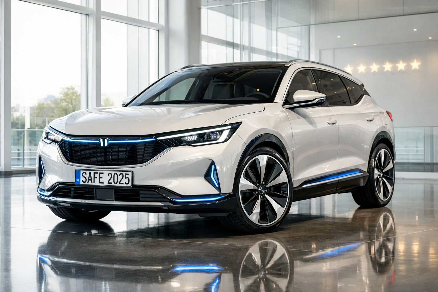 Carro elétrico branco estacionado em piso brilhante com luzes azuis em ambiente moderno e iluminado.