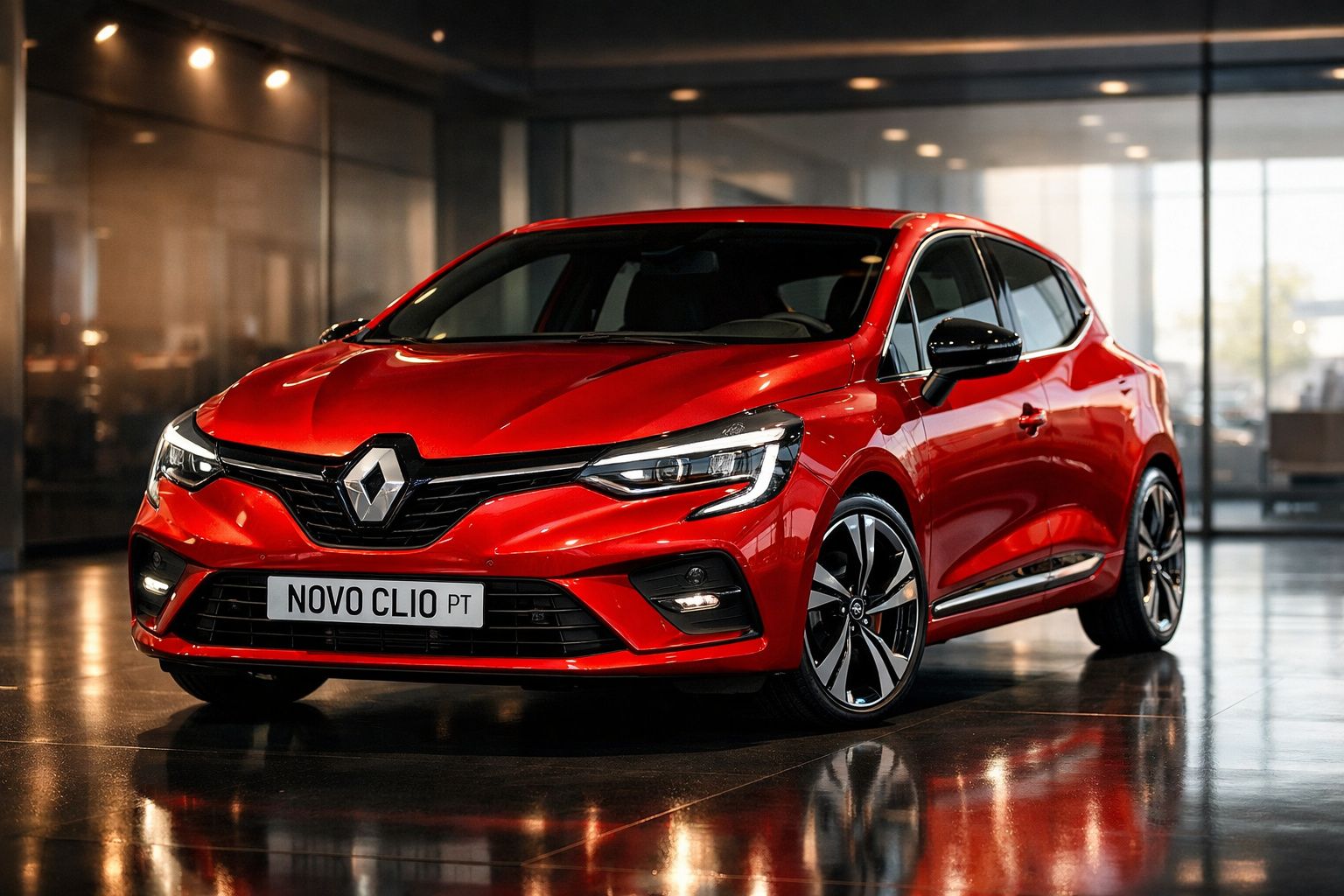Renault Novo Clio vermelho estacionado em interior moderno com chão refletor e luz ambiente.
