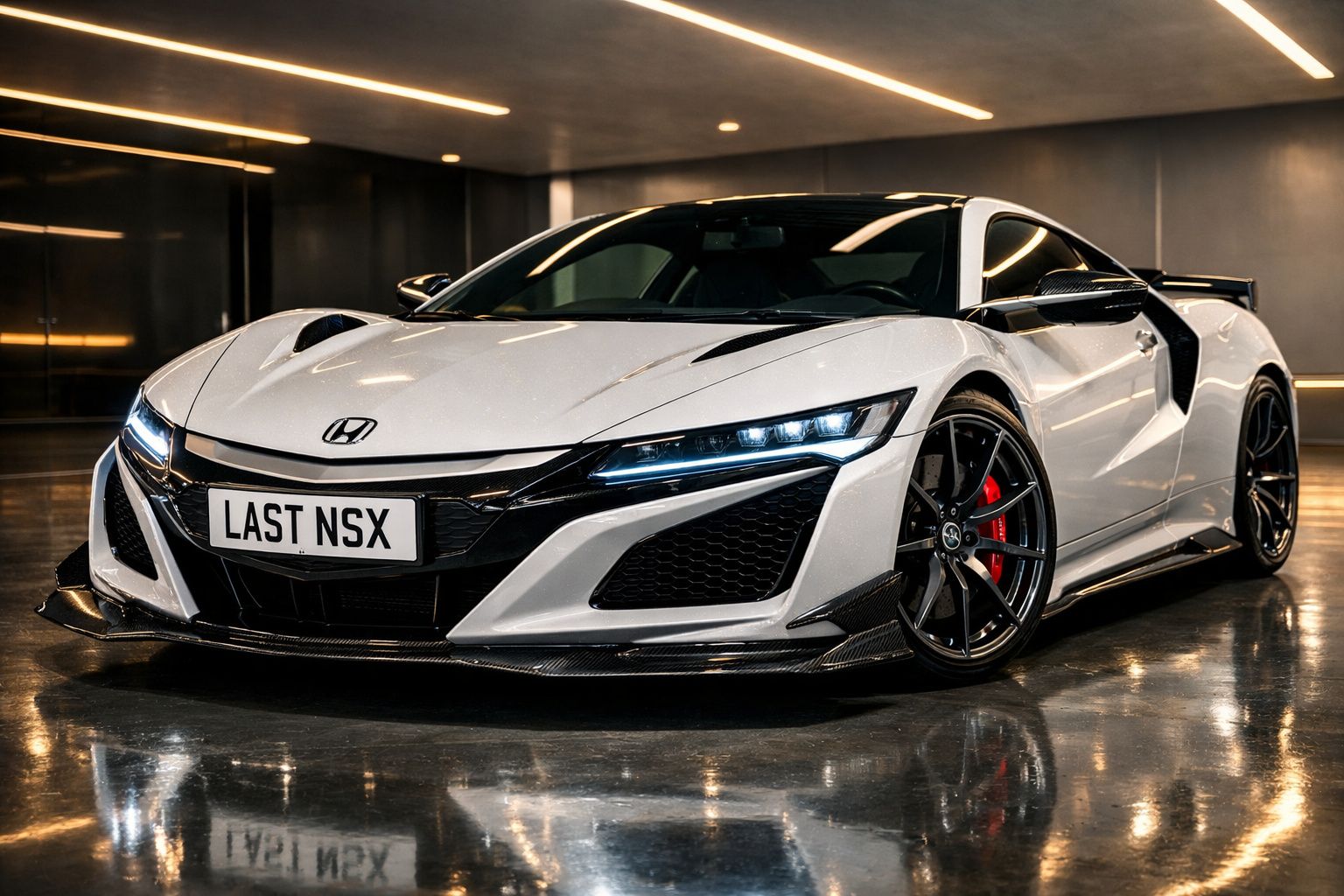 Carro desportivo branco Honda NSX estacionado num parque coberto com iluminação suave.