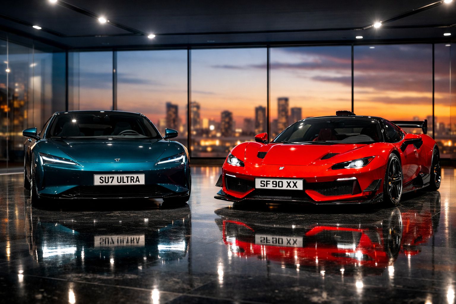Dois carros desportivos eléctricos estacionados em interior com vista para a cidade ao pôr do sol.