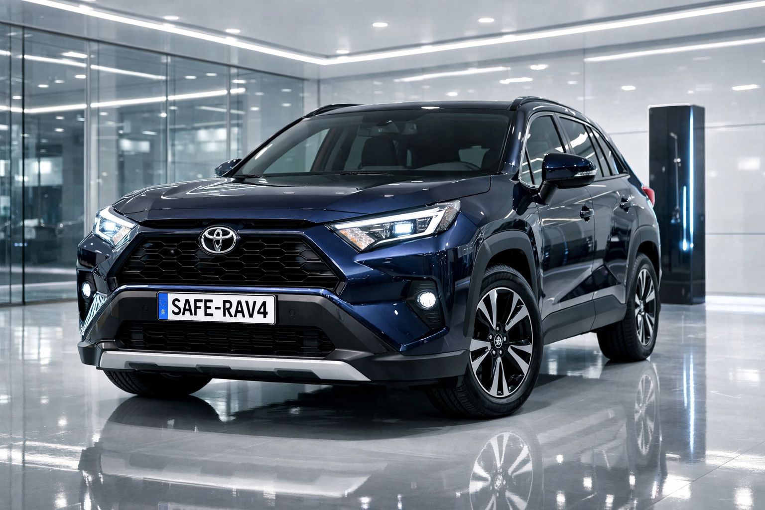 Toyota RAV4 azul escuro em ambiente moderno com iluminação interior refletida no chão polido.