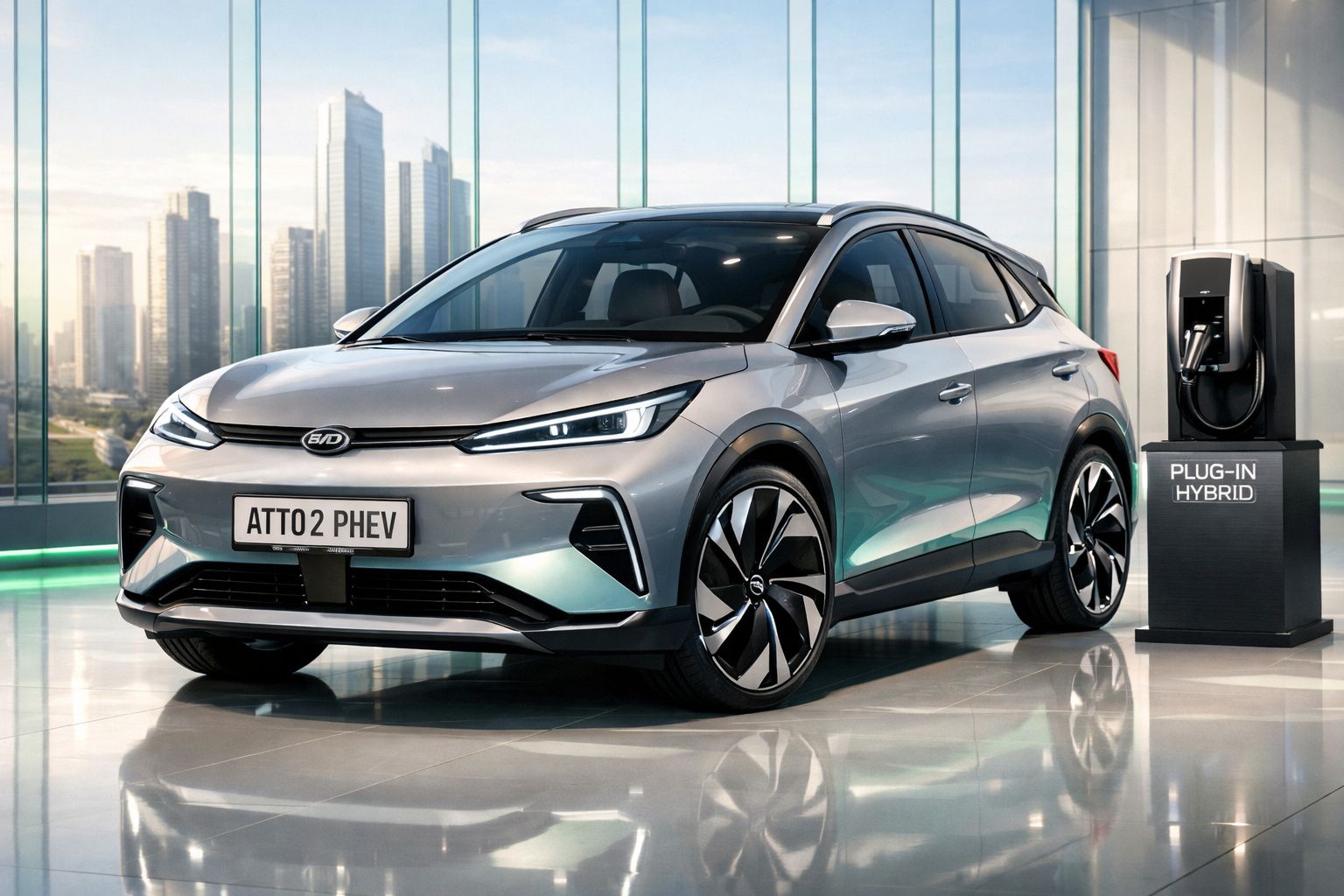 Carro elétrico cinza BYD ATTO 2 PHEV estacionado em espaço moderno junto a estação de carregamento plug-in híbrido.