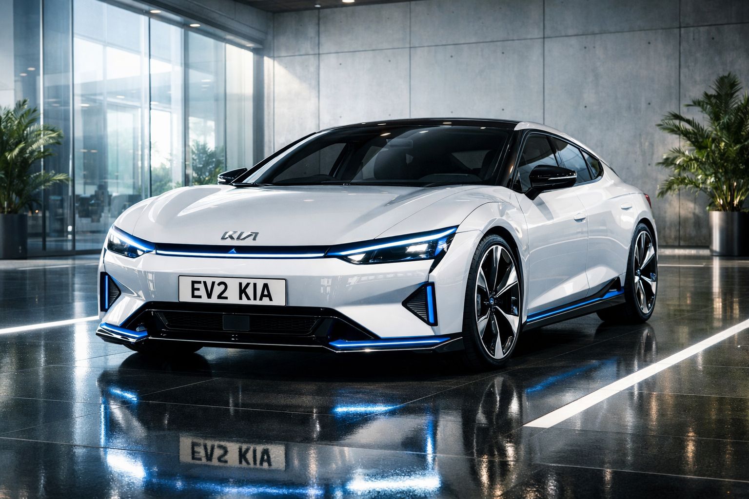 Carro elétrico branco Kia EV2 estacionado num espaço interior moderno com chão brilhante e plantas.