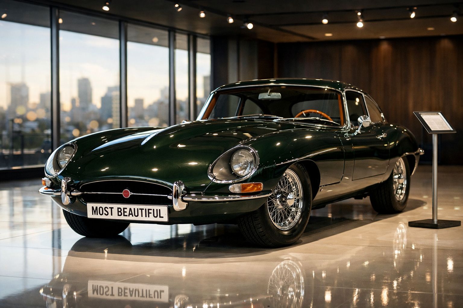 Carro clássico de luxo verde escuro exibido em salão com painéis de vidro e chão brilhante.