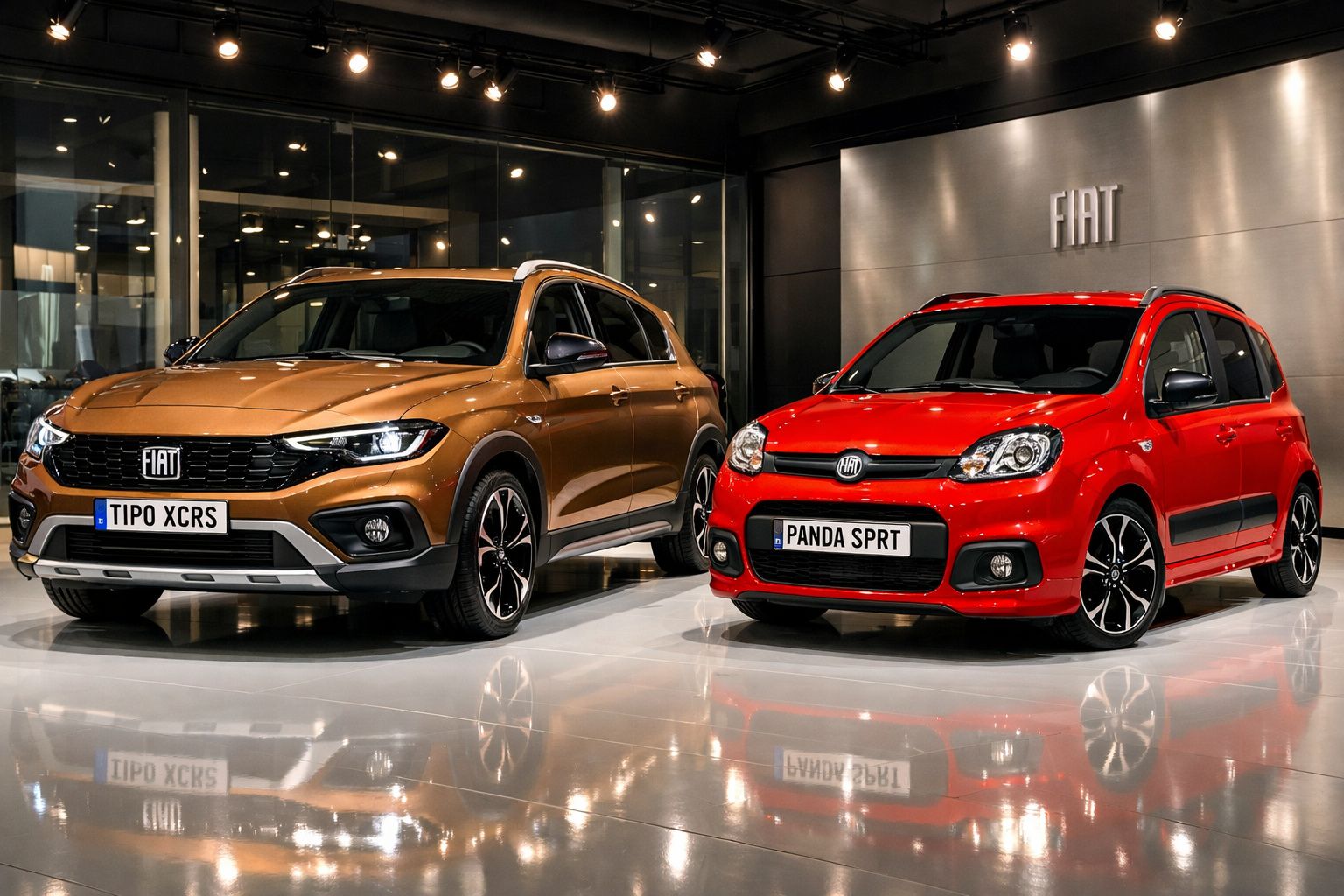 Dois carros Fiat em exposição, um modelo Tipo XCRS castanho e um Panda SPRT vermelho, piso refletor polido.