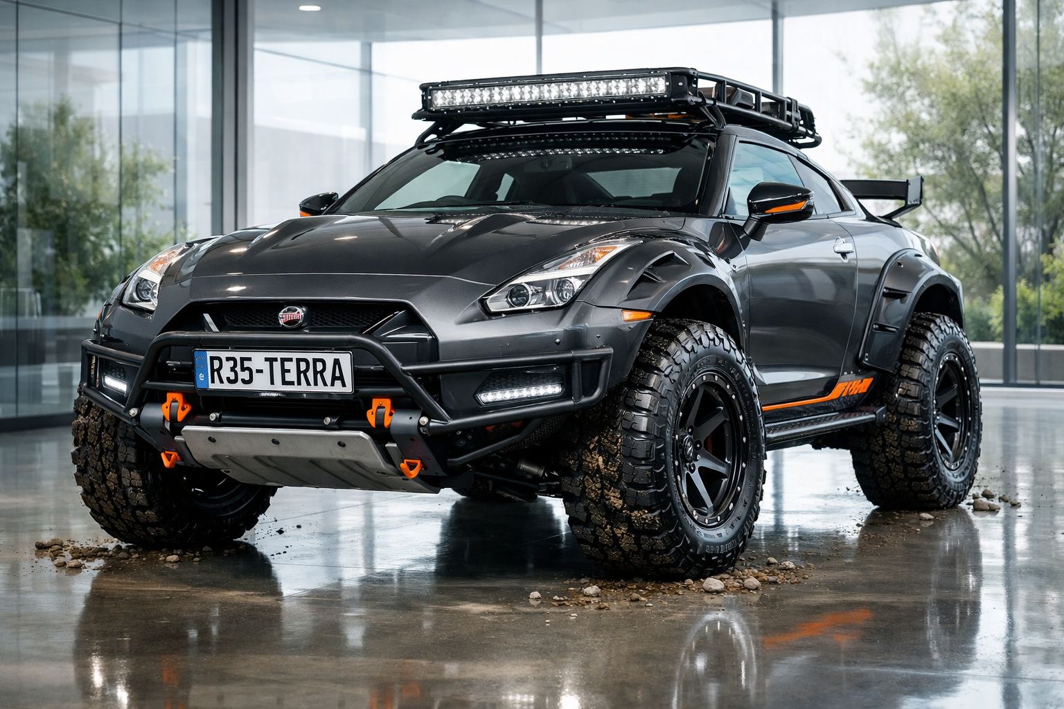 Nissan GT-R R35 modificado para off-road com pneus grossos, proteções e faróis LED num espaço interior moderno.