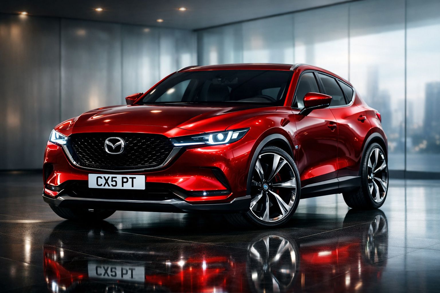 Automóvel SUV vermelho Mazda CX-5 estacionado em ambiente interior com iluminação suave.