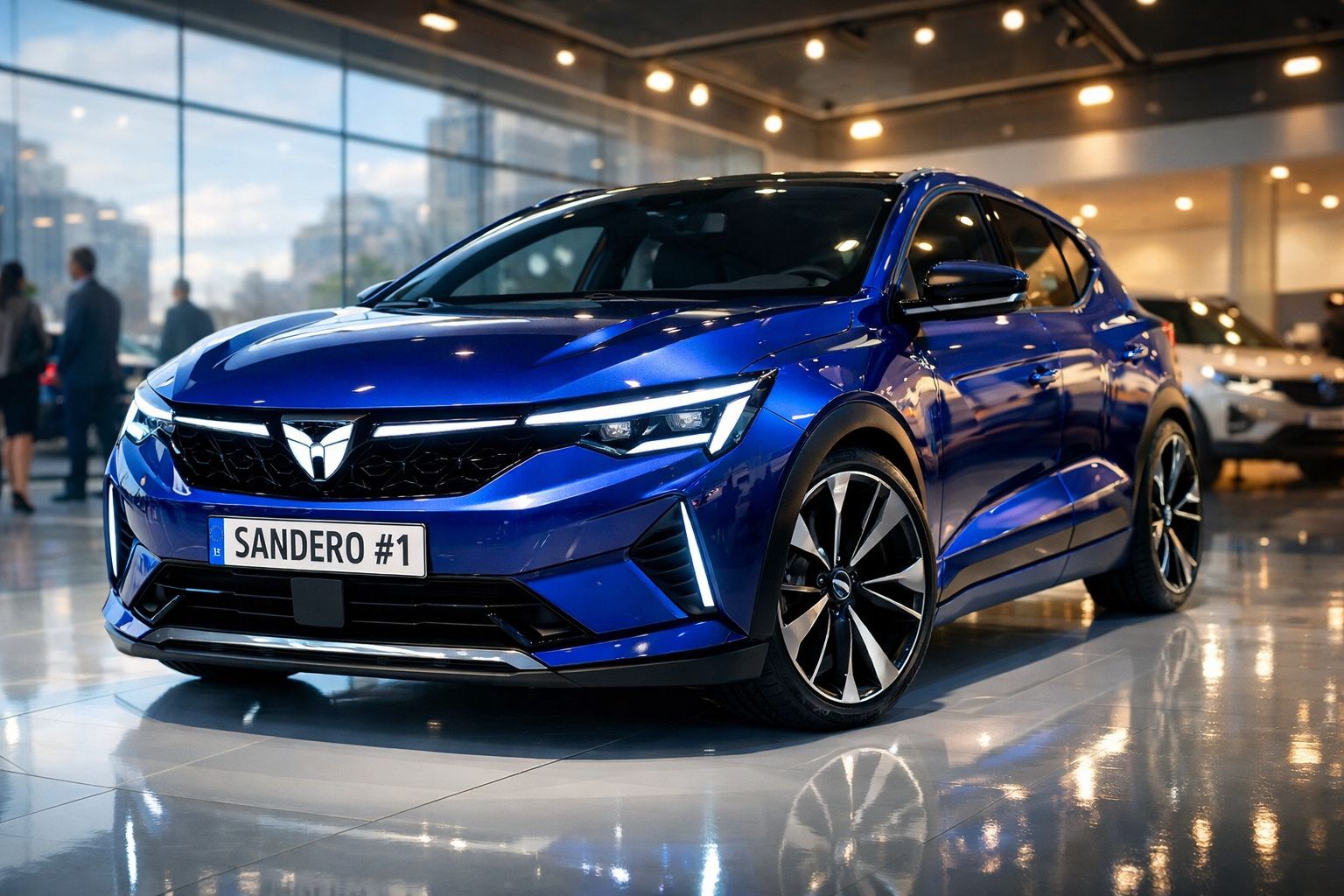 Carro azul elétrico Sandero #1 exposto em salão automóvel moderno e iluminado.