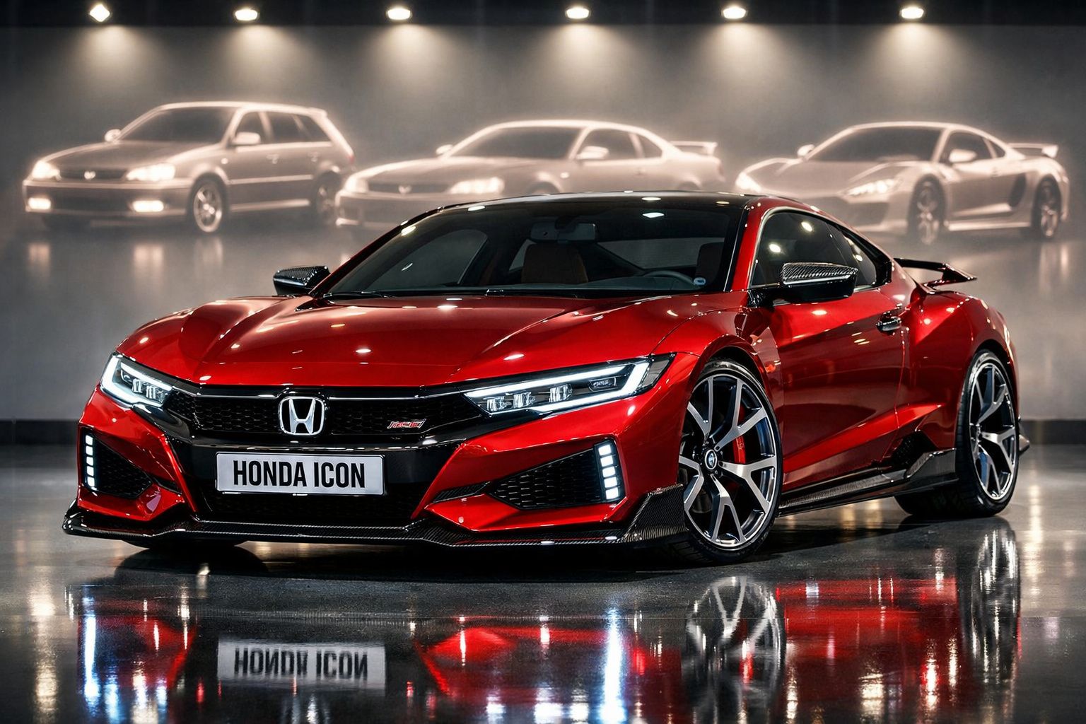 Carro desportivo vermelho Honda em exposição com luzes refletidas no chão e imagens desfocadas de modelos antigos ao fundo.