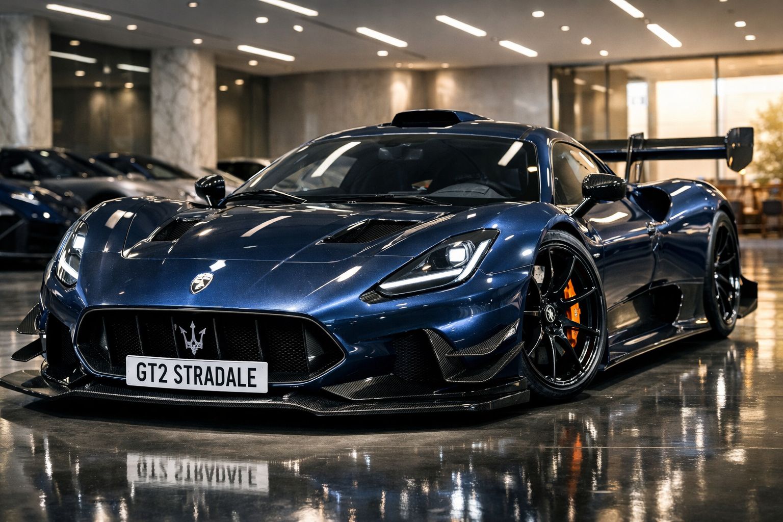 Carro desportivo azul metálico Maserati GT2 Stradale estacionado em piso interior reluzente.
