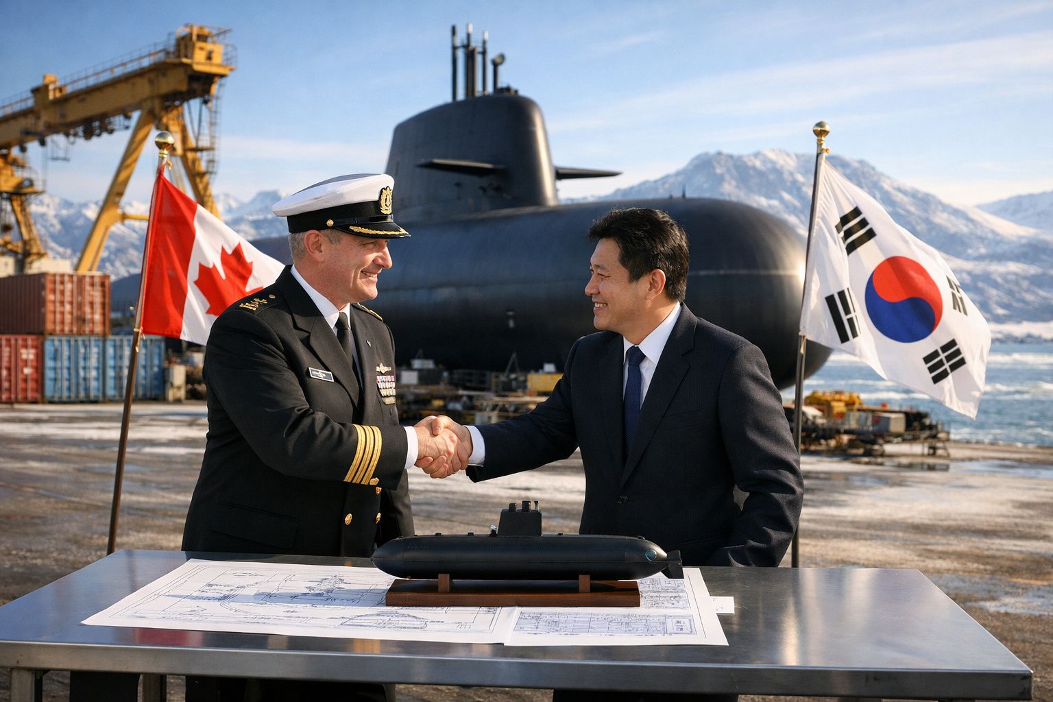 Militar canadiano e oficial sul-coreano apertam as mãos junto a modelo de submarino com bandeiras e submarino ao fundo.