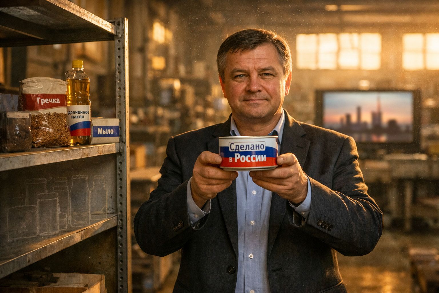 Homem de fato exibe lata com rótulo em russo numa sala iluminada por janela ampla ao fundo.