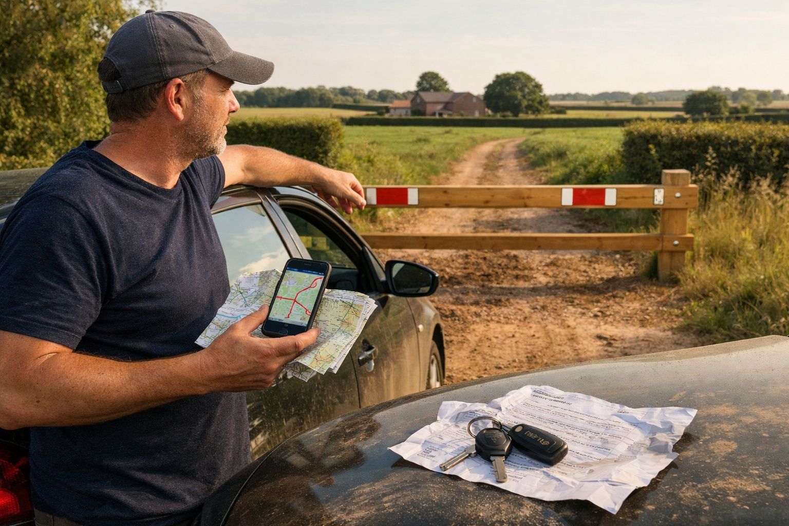 Homem segurando mapa e telemóvel com GPS, parado junto a barreira numa estrada de terra rural.