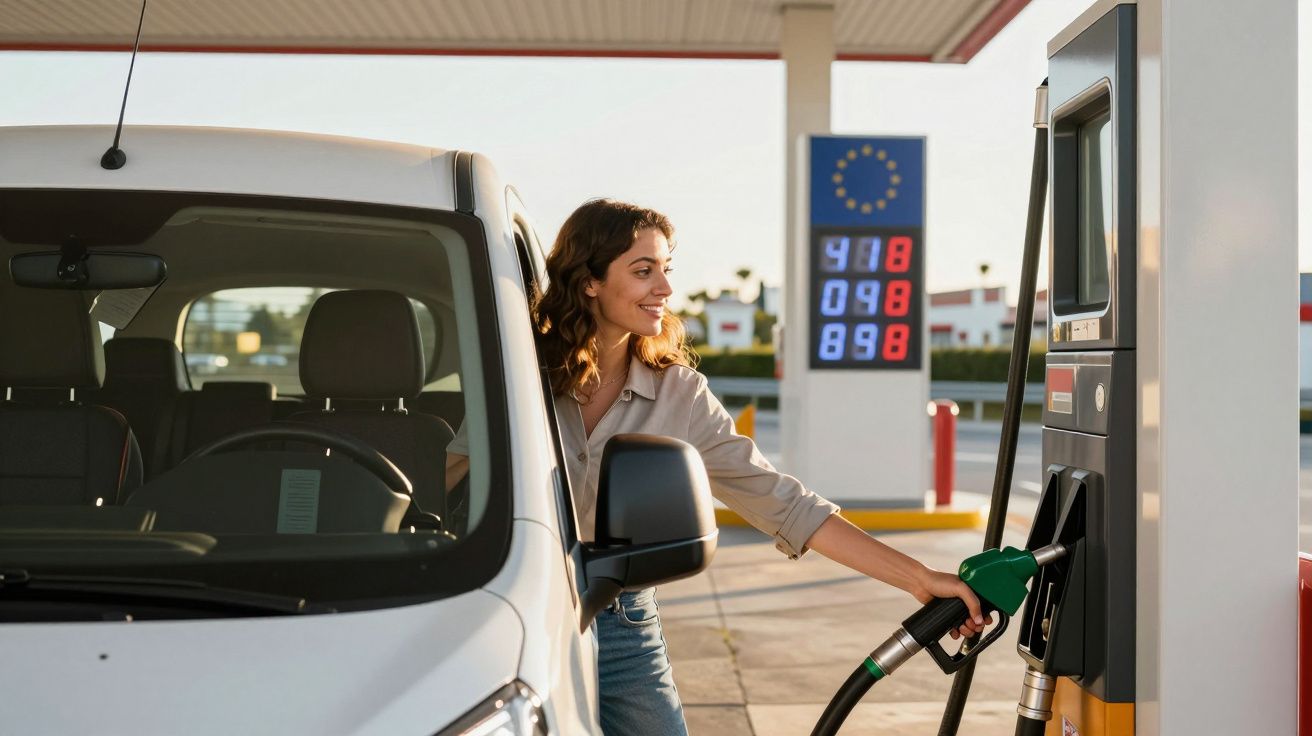 Mulher abastece carro branco numa bomba de gasolina ao ar livre com sorridente expressão.