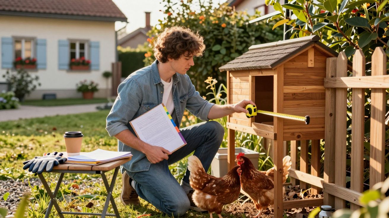 Homem mede casa de galinhas no jardim ao ar livre, rodeado por galinhas e material de estudo.
