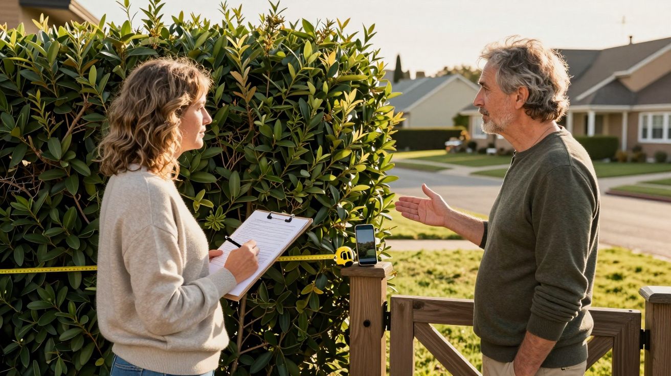 Mulher com prancheta mede cerca de porte, homem sénior discute à porta de casa num bairro residencial.