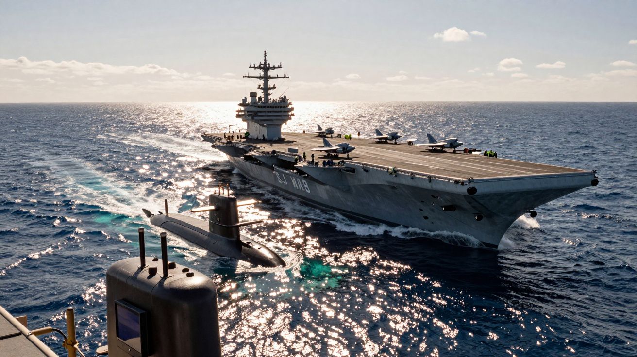 Porta-aviões e submarino militar navegando no mar sob céu parcialmente nublado ao entardecer.