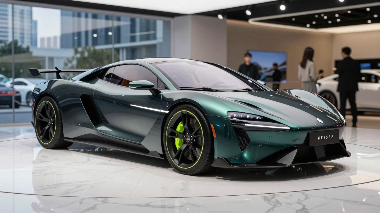 Carro desportivo verde metálico com detalhes amarelo fluo exposto numa sala moderna e brilhante.