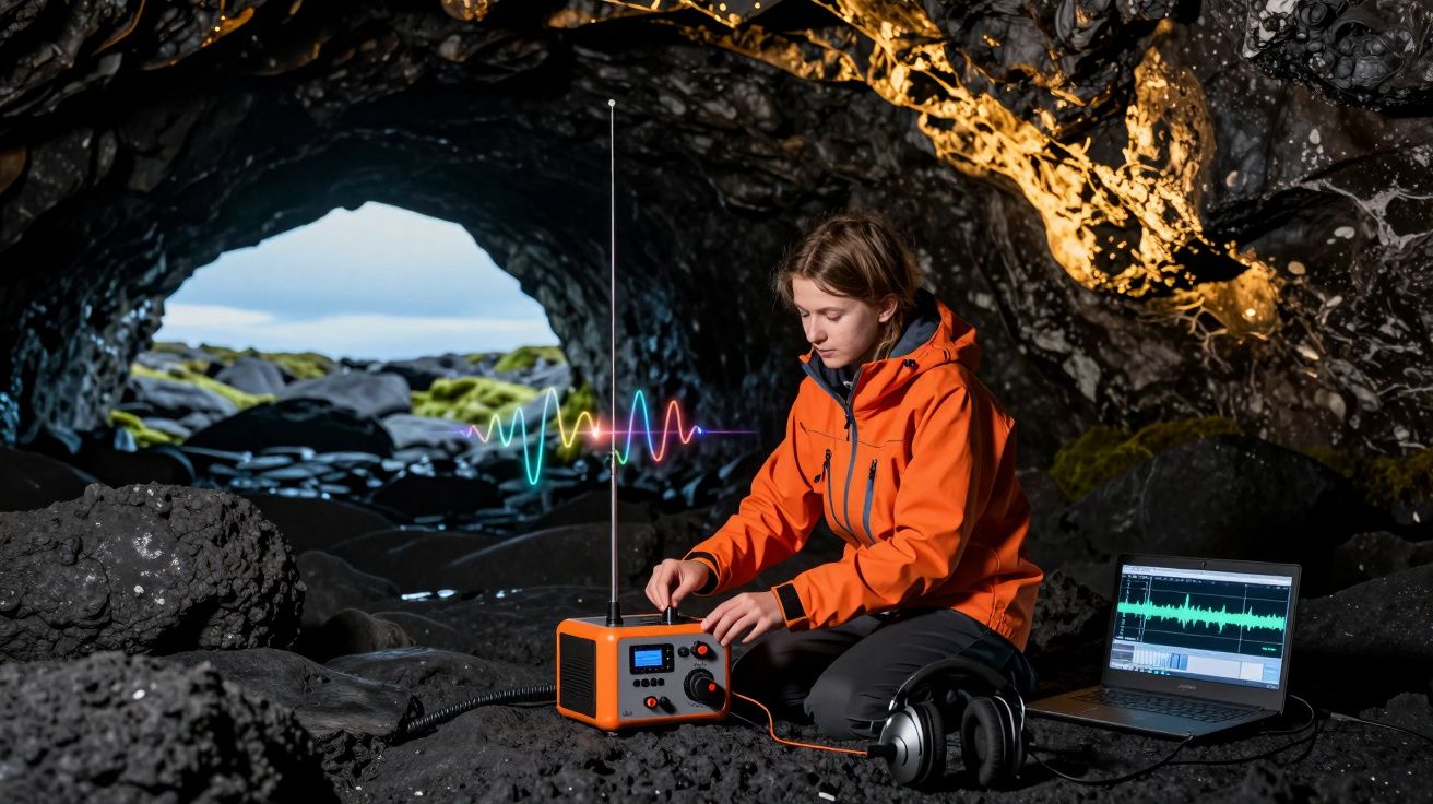 Mulher com casaco laranja a operar equipamento de som numa gruta com computador e auriculares ao lado.