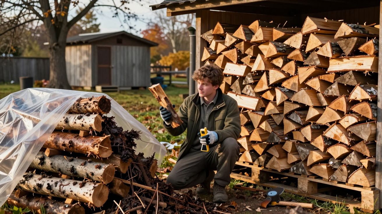 Jovem adulto a agachar junto a pilhas de lenha cortada ao lado de um abrigo de jardim em dia de outono.