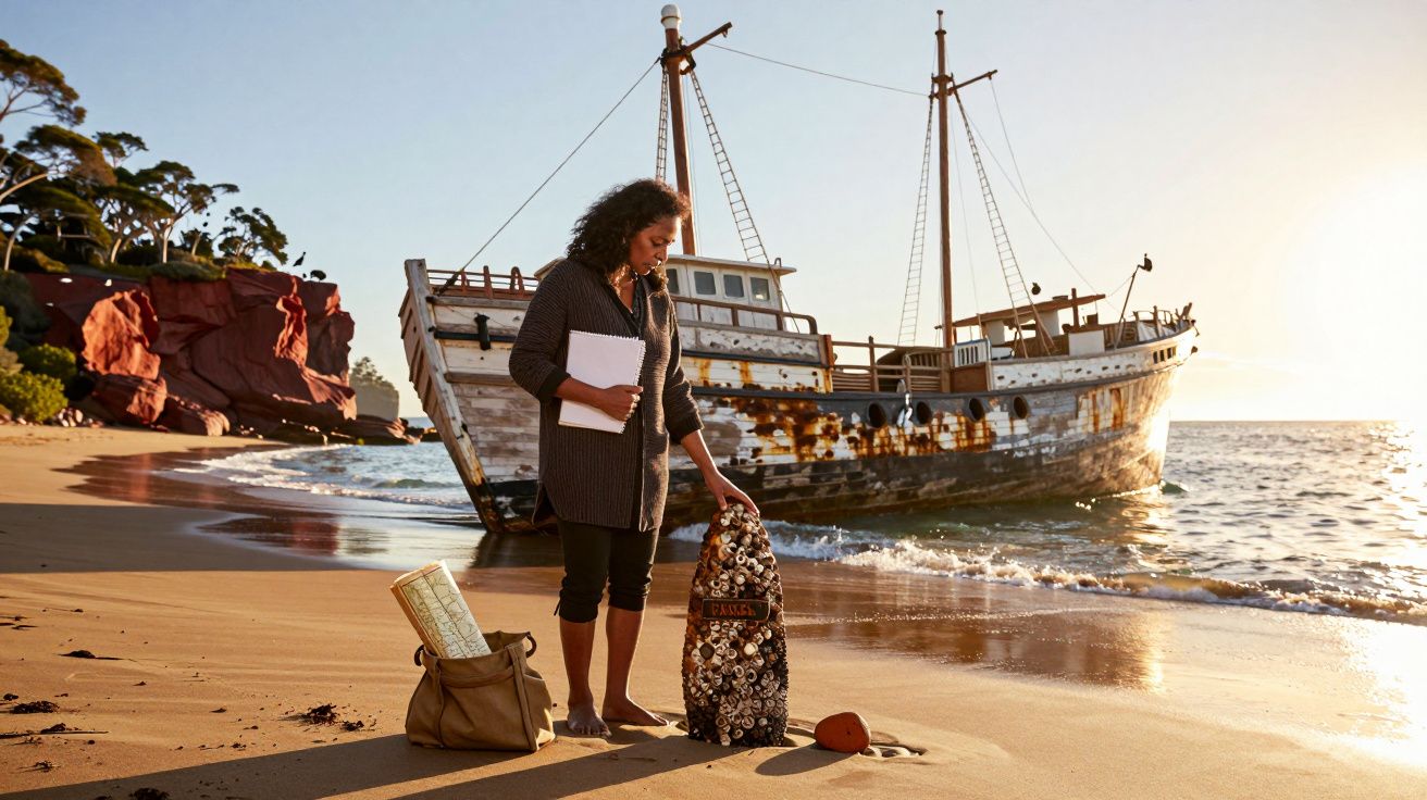 Mulher com prancha de surf decorada, segurando notas, com barco enferrujado na praia ao pôr do sol.