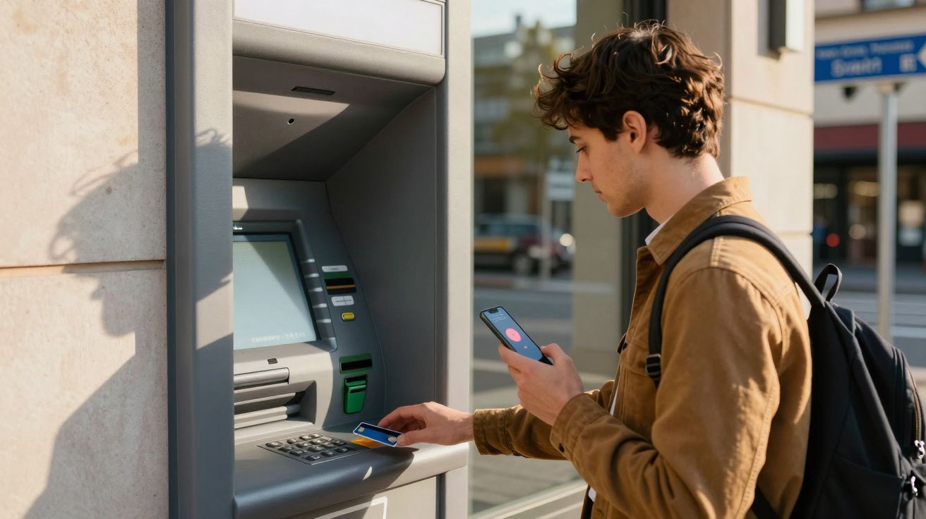 Jovem com mochila retira cartão multibanco de caixa eletrónico enquanto olha para o telemóvel na rua.