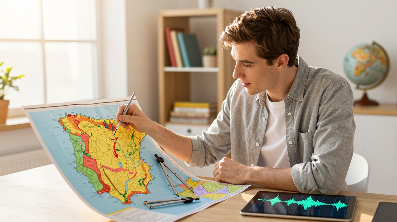Homem jovem a estudar um mapa colorido numa mesa com tablet e bússola num ambiente iluminado.