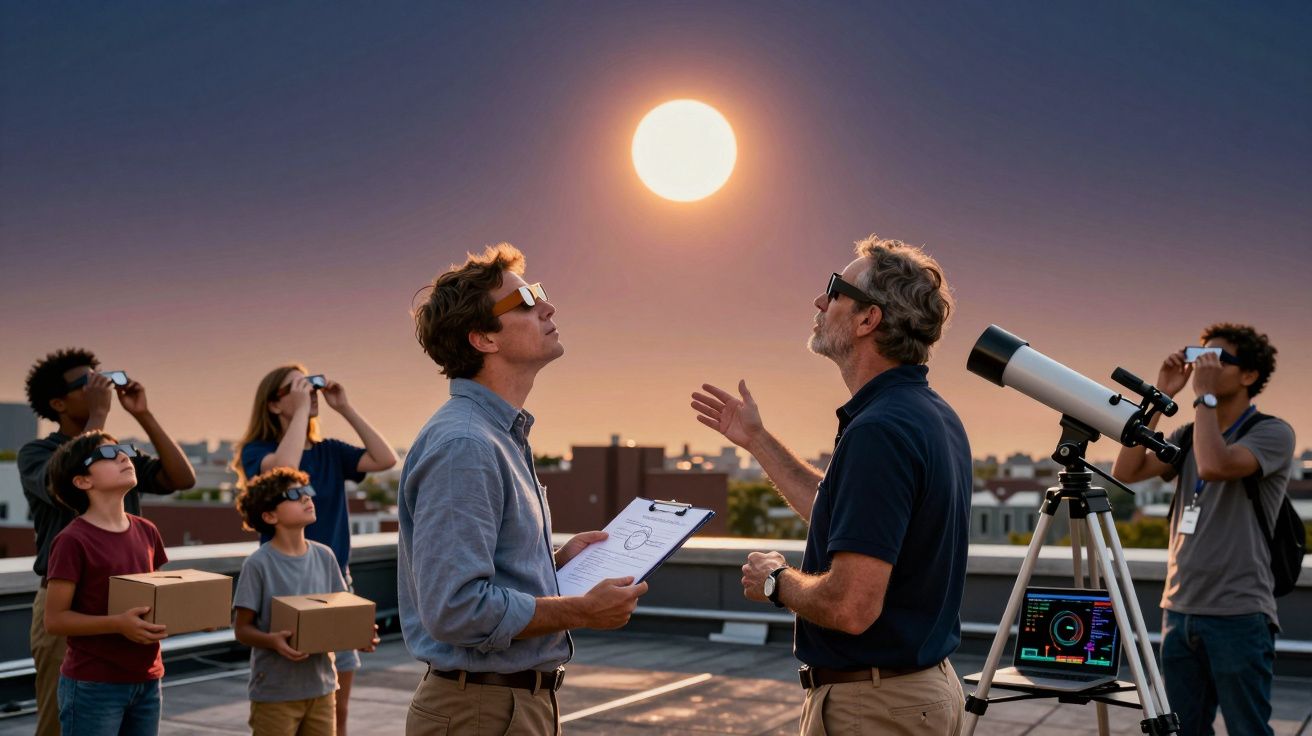 Grupo de pessoas a observar o sol com óculos especiais e telescópio num terraço ao pôr do sol.