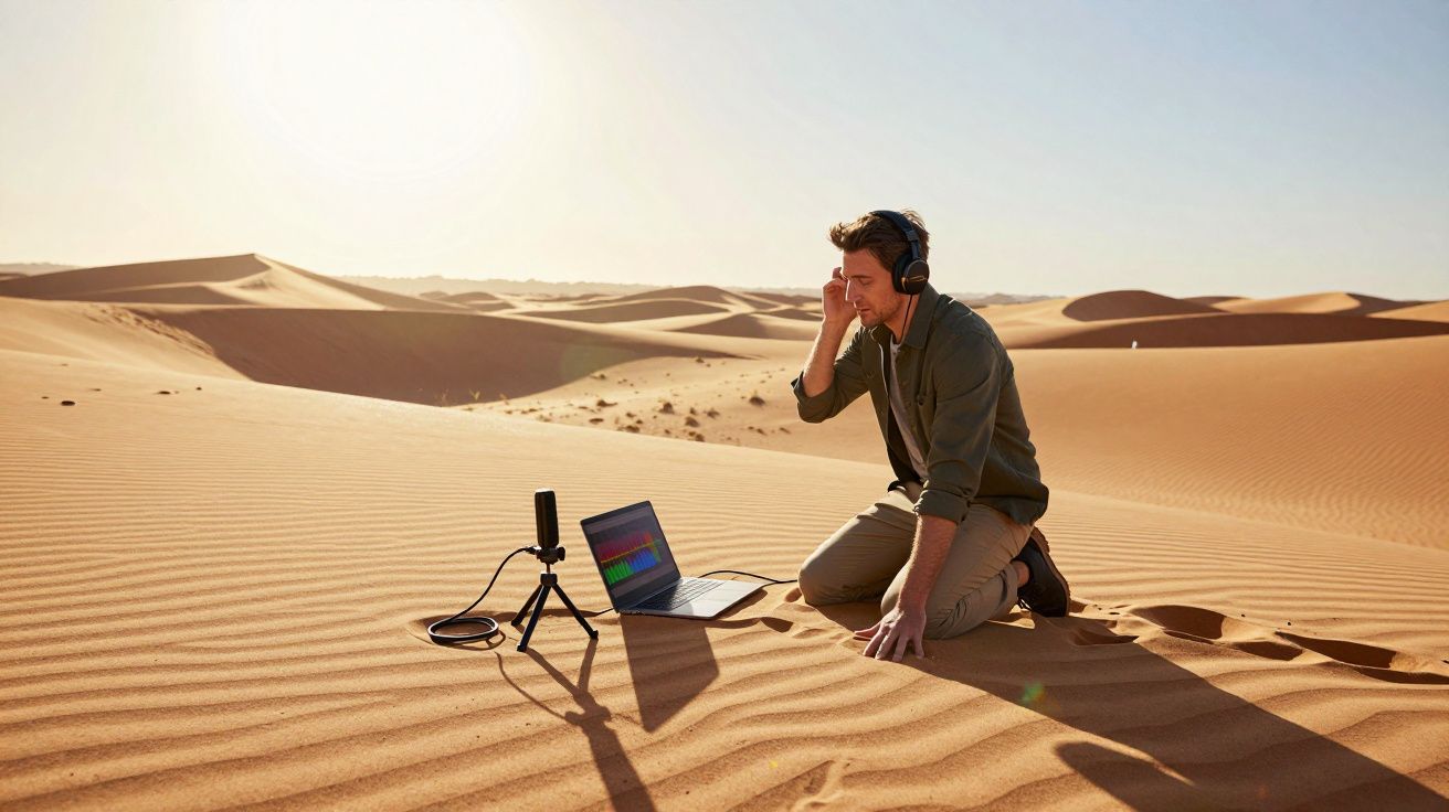 Homem de joelhos no deserto com auscultadores, a usar computador portátil e microfone para gravação.