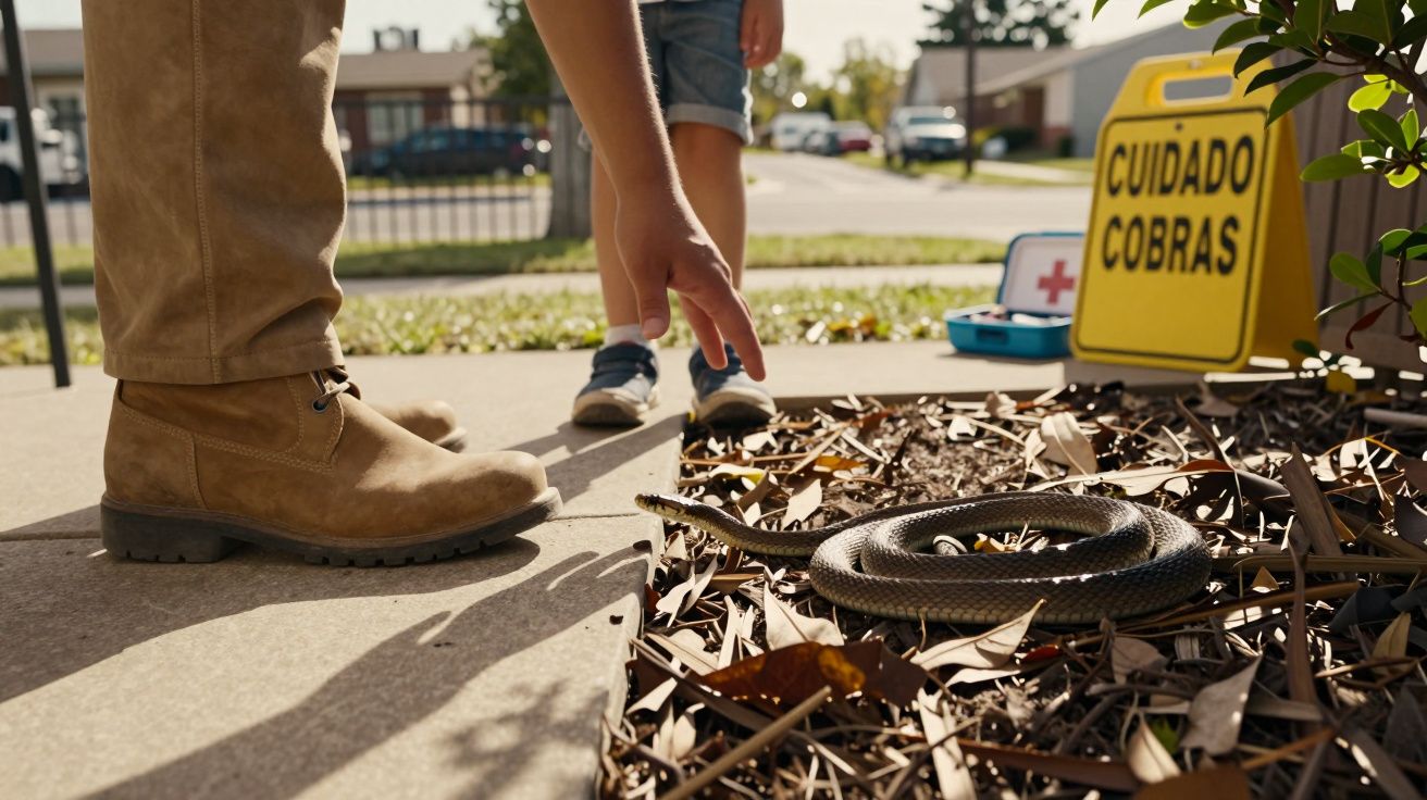Pessoa a apontar para cobra enrolada no chão junto a placa amarela com aviso "Cuidado cobras".